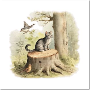 Gray cat on a tree stump Posters and Art